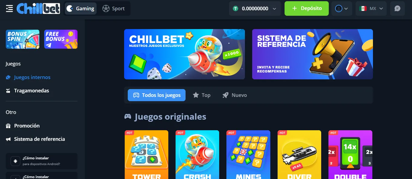 Menú de inicio de Chill Bet