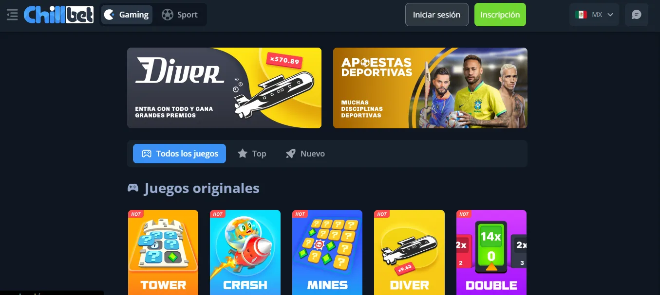 Chill Bet Casino menú