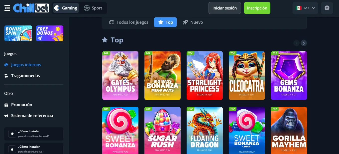 Chill Bet menú de juegos