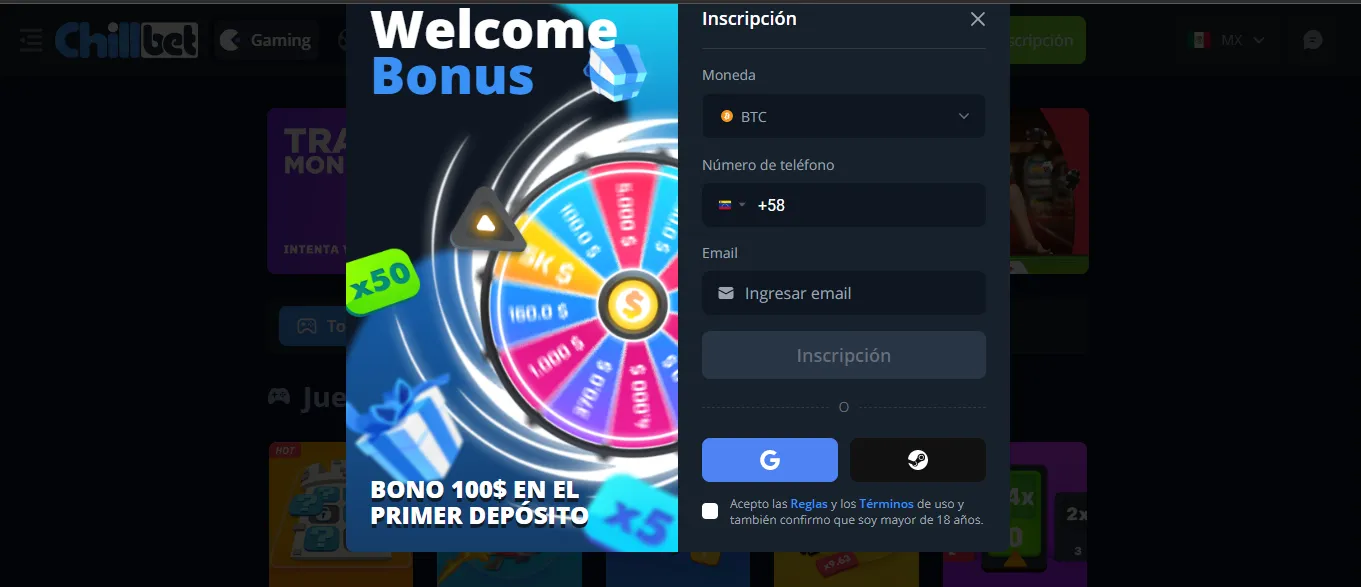 Página para registrarte en ChillBet
