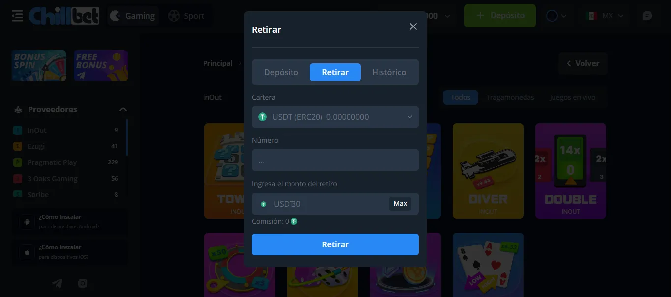 Retiro en USDT en Chill Bet