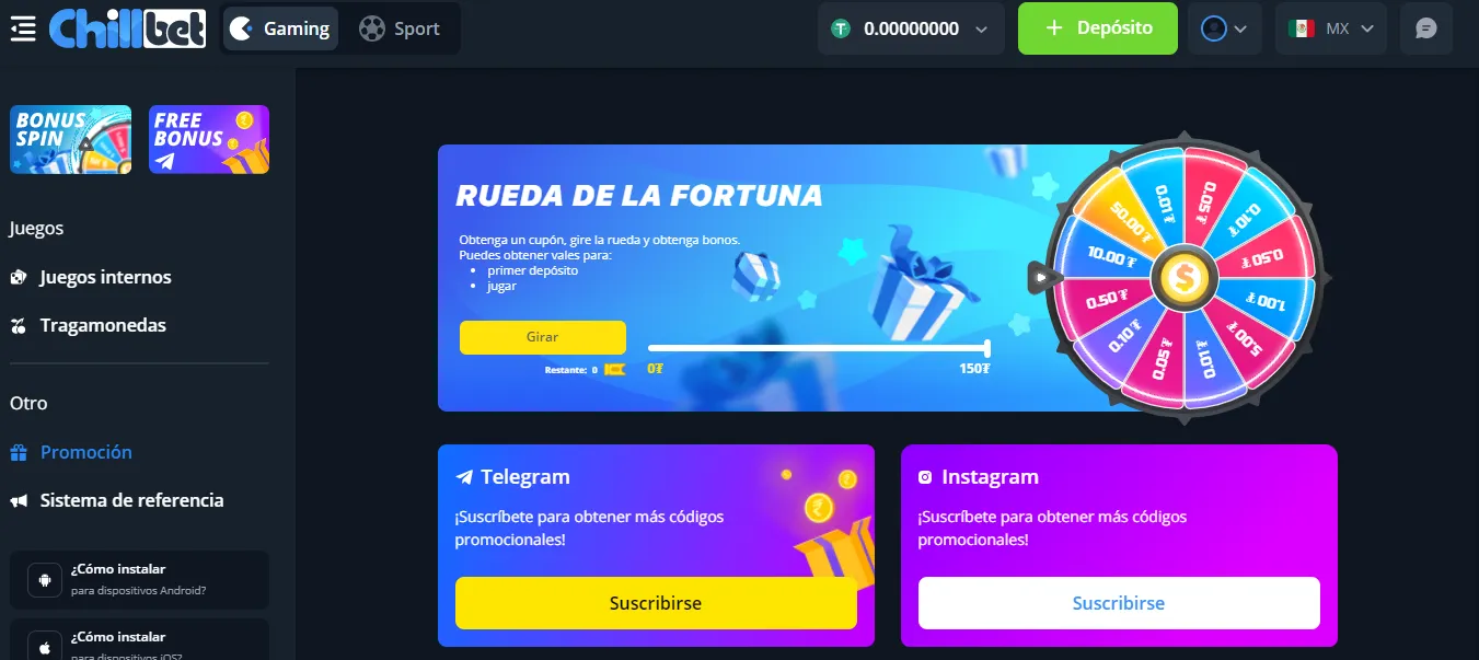 Panel de promocinoes Chill Bet